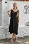Wide Cut Embroidered Black Knitted Casual Dress with Straps and Buckles - 7