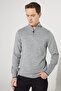Men's Gray Standard Fit Regular Cut Stand-Up Bato Collar Raised Soft Textured Knitwear Sweater