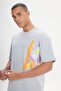 Men's Gray Loose Fit Loose Fit 100% Cotton Soft Textured Printed Crew Neck T-Shirt - 3
