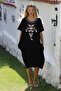 Black-And-White Round Neck Short-Sleeved Pocket Embroidered Knitted Casual Dress - 3