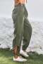 Khaki Pocketed Mesh Detailed Washed Woven Elastic Waist Jogger Casual Trousers