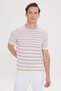 Men's Dried Rose-Ecru Slim Fit Slim Fit 100% Cotton Striped Crew Neck Knitwear T-Shirt - 3