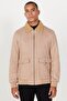 Men's Beige Standard Fit Regular Cut Shirt Collar Suede Look Coat - 2