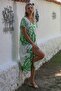 White-Green V-Neck Dropped Sleeve Allover Printed Woven Casual Dress - 7