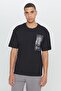 Men's Black Loose Fit Loose Cut 100% Cotton Slogan Printed Crew Neck T-Shirt
