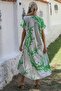 White-Green V-Neck Dropped Sleeve Allover Printed Woven Casual Dress - 8