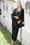 Kimono Collar Black-Pink 3/4 Sleeve Embroidered Woven - Elastic Waist Wide Leg Set - 2