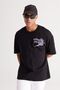 Men's Black Oversize Loose Cut Crew Neck 100% Cotton Printed T-Shirt - 2