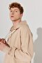 Men's Milk Brown Oversize Fit Loose Cut Hooded Collar 100% Cotton Zippered Sweatshirt - 5