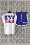 Muay Thai Back Printed Sleeveless Crew Neck White Sports T-shirt and Blue Sports Shorts Set