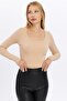 Women's Camel Crew Neck Ribbed Knitted Crop Blouse - 2