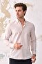 Giza Men's Beige-White Linen Look Cotton Slim Fit Button-Down Collar Striped Shirt - 6