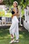 White Pocketed Mesh Detailed Washable Woven Elastic Waist Jogger Casual Trousers - 7