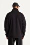 Men's Black Oversize Loose Fit Fleece Thread Standing Bato Collar Cotton Sweatshirt - 6
