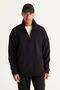 Men's Black Oversize Loose Fit Fleece Thread Standing Bato Collar Cotton Sweatshirt - 3