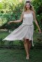 Beige Strappy Washed Buckle-Woven Asymmetrical Casual Cotton Dress - 2
