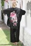 Kimono Collar Black-Pink 3/4 Sleeve Embroidered Woven - Elastic Waist Wide Leg Set - 6