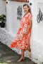 Orange-White V-Neck Low Sleeve Allover Printed Woven Casual Dress - 3