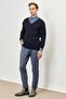 Men's Navy Blue-gray Standard Fit Regular Cut V-Neck Knitwear Sweater - 2