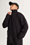 Men's Black Oversize Loose Fit Fleece Thread Standing Bato Collar Cotton Sweatshirt - 4