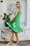 Green Strappy Washed Woven Casual Cotton Dress with Ruffled Hem - 6