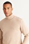 Men's Beige Melange Standard Fit Regular Cut Full Turtleneck Cotton Knitwear Sweater - 2