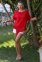 Red Asymmetrical Casual Blouse with Round Neck and Mesh Detail - 6