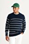 Men's Navy Blue-ecru Standard Fit Regular Cut Crew Neck Striped Knitwear Sweater