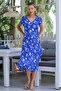 Blue V-Neck Low Sleeve Allover Printed Woven Casual Wrinkled Dress - 3