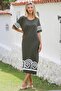 Khaki Pool Collar Short Sleeve Pocketed Printed Knitted Casual Dress - 4