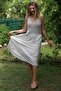 Italian Beige Strappy Ruched Scalloped Woven Casual Dress