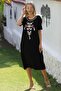 Black-And-White Round Neck Short-Sleeved Pocket Embroidered Knitted Casual Dress