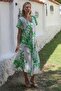White-Green V-Neck Dropped Sleeve Allover Printed Woven Casual Dress - 3