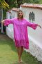 Candy Pink Hakim Collar 3/4 Sleeve Buttoned Sleeves and Ruffled Hem Woven Casual Dress - 6