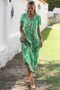Green V-Neck Low Sleeve Allover Printed Woven Casual Dress - 5