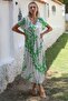 White-Green V-Neck Dropped Sleeve Allover Printed Woven Casual Dress - 6