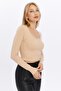 Women's Camel Crew Neck Ribbed Knitted Crop Blouse - 4