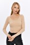 Women's Camel Crew Neck Ribbed Knitted Crop Blouse - 3