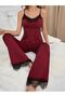 3-Piece Women's Pajamas Set with Dressing Gown Burgundy Color Lace Detail - 5