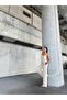 Women's Cream Imported Linen Fabric Pearl Detail Design Blouse Trousers Bottom-Top Set - 3