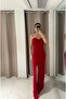Red Sweetheart Neckline Strapless Deep Slit Front Draped Long Evening Dress - 3
