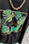 Women's Black Tropical Leaf Sequin Sequin Cotton T-Shirt - 2
