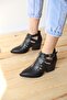 Valen Women's Laser Star Patterned Buckle Adjustable Back Zipper Shoes Matte Black - 5