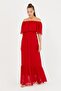Collar, Long, Chiffon, Red Dress - 2