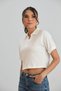 Women's White Polo Collar Wrinkled Fabric Short Sleeve T-Shirt - 5