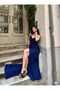 Women's Cobalt Glittery Fukuro Fabric Spaghetti Strap Evening Dress - 3