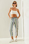 Women's Ecru Navy Blue Striped Elastic Waist Tied Carrot Pants 60251354 - 5
