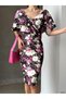 Women's Belted Half Sleeve Skuba Fabric Double Breasted Collar Evening Dress Night Graduation Dress Black Pink - 3