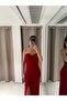 Red Sweetheart Neckline Strapless Deep Slit Front Draped Long Evening Dress - 4