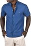 Men's Navy Blue Seersucker Fabric High Collar Slim Fit Lycra Snap Fastener Short Sleeve Shirt 2403018